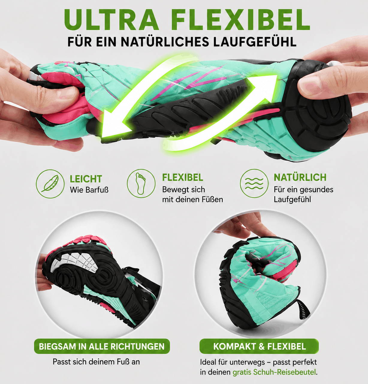 Barfußschuhe werden geknickt und verdreht