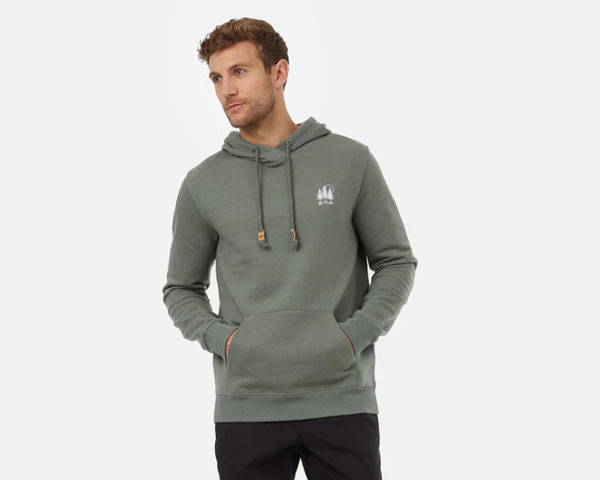 Man wearing khaki green printed organic cotton hoodie from adventure ready brand Tentree