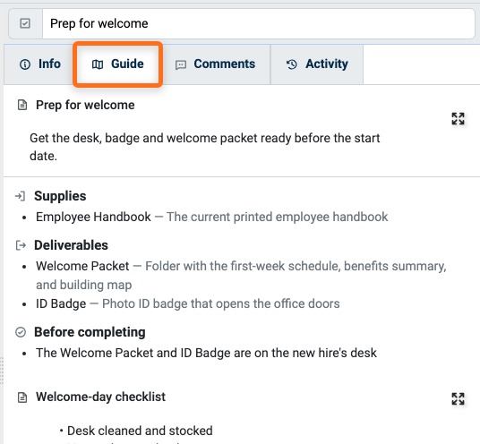 Guide tab of a Task showing Supplies, Deliverables, Before completing, and an Embedded Resource