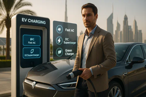 Man charging an electric vehicle at a charging station showing options like Fast AC, DC Supercharger, and Green Charger in an urban setting.