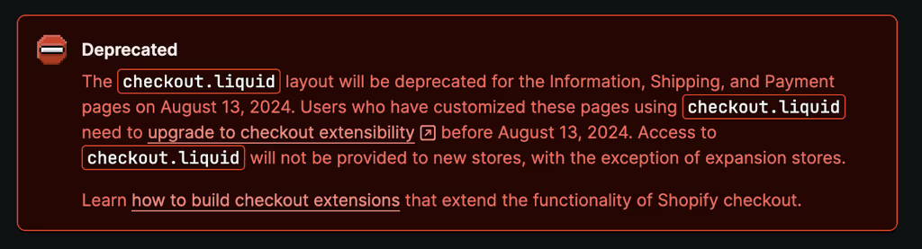 Shopify notice on the deprecation of Checkout liquid