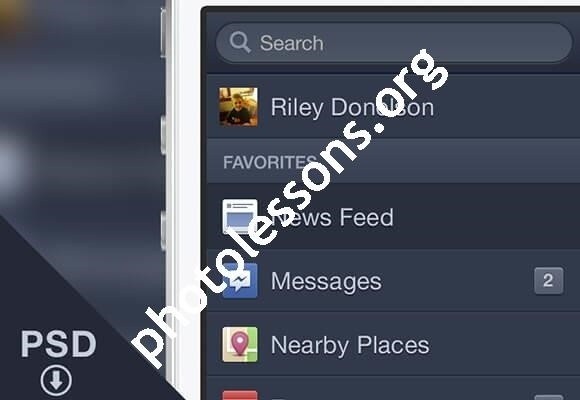 Facebook iOS меню. Бесплатный макет PSD для Фотошоп