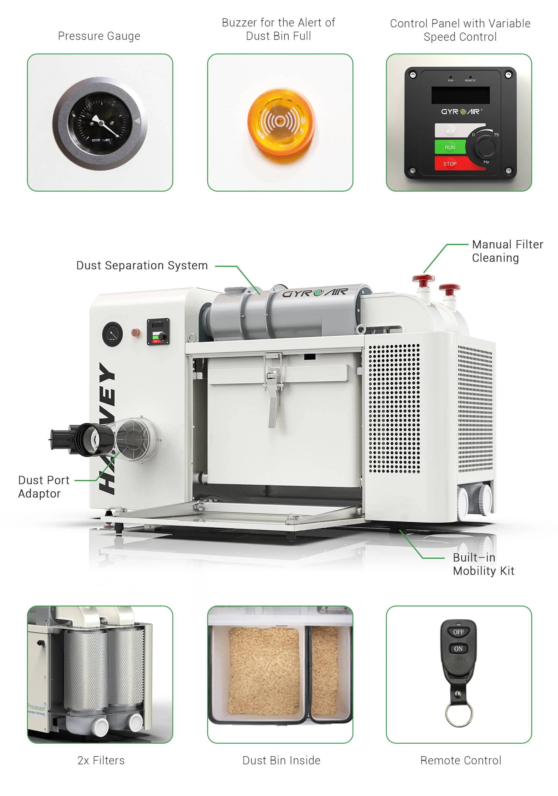 GYRO AIR G-700 Dust Processor for dust collection and extraction with dust port adaptor, dust separation system, manual filter cleaning and built in mobilidty kit feature