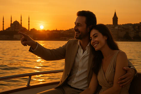 A couple enjoys a sunset boat ride, pointing at the Istanbul skyline with mosques and the Galata Tower in golden light.