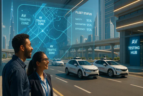 Man and woman observe holographic map of AV traffic zones and fleet status with 95% metrics, autonomous taxis and modern city skyline.