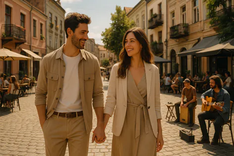 A smiling man and woman walk hand-in-hand on a sunny cobblestone street, passing outdoor cafes and historic buildings.