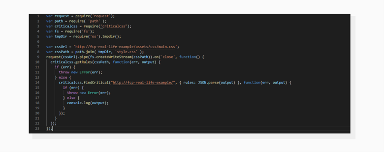 Here is an example of the code I used to generate Critical CSS. The result is printed to the console; you may want to use file output for this. A screenshot showing the code used to create Critical CSS