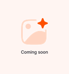 A beige abstract shape with a curved line inside a rounded square appears above the text Coming soon on an orange background.