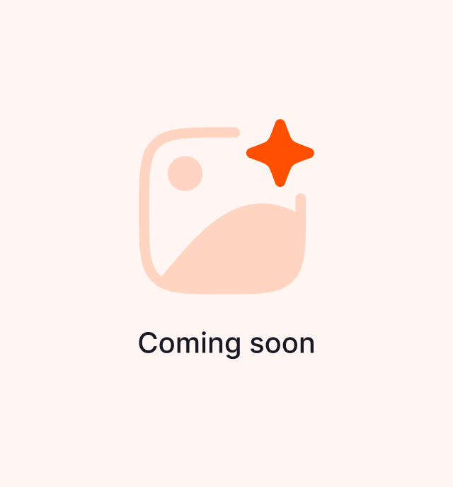 A beige abstract shape with a curved line inside a rounded square appears above the text Coming soon on an orange background.