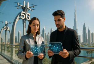 Two people hold transparent tablets displaying 6G network connectivity, standing in front of large 5G towers, drones, and a modern city skyline.