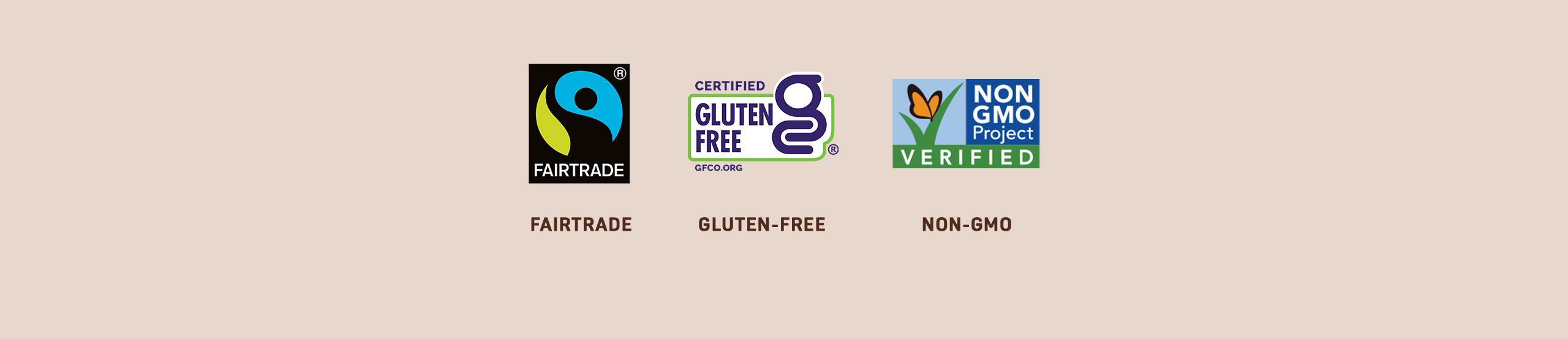 Line of logos; Awake products are Fairtrade, gluten-free, non-GMO, no artificial colors or flavors, kosher and trans fat free.
