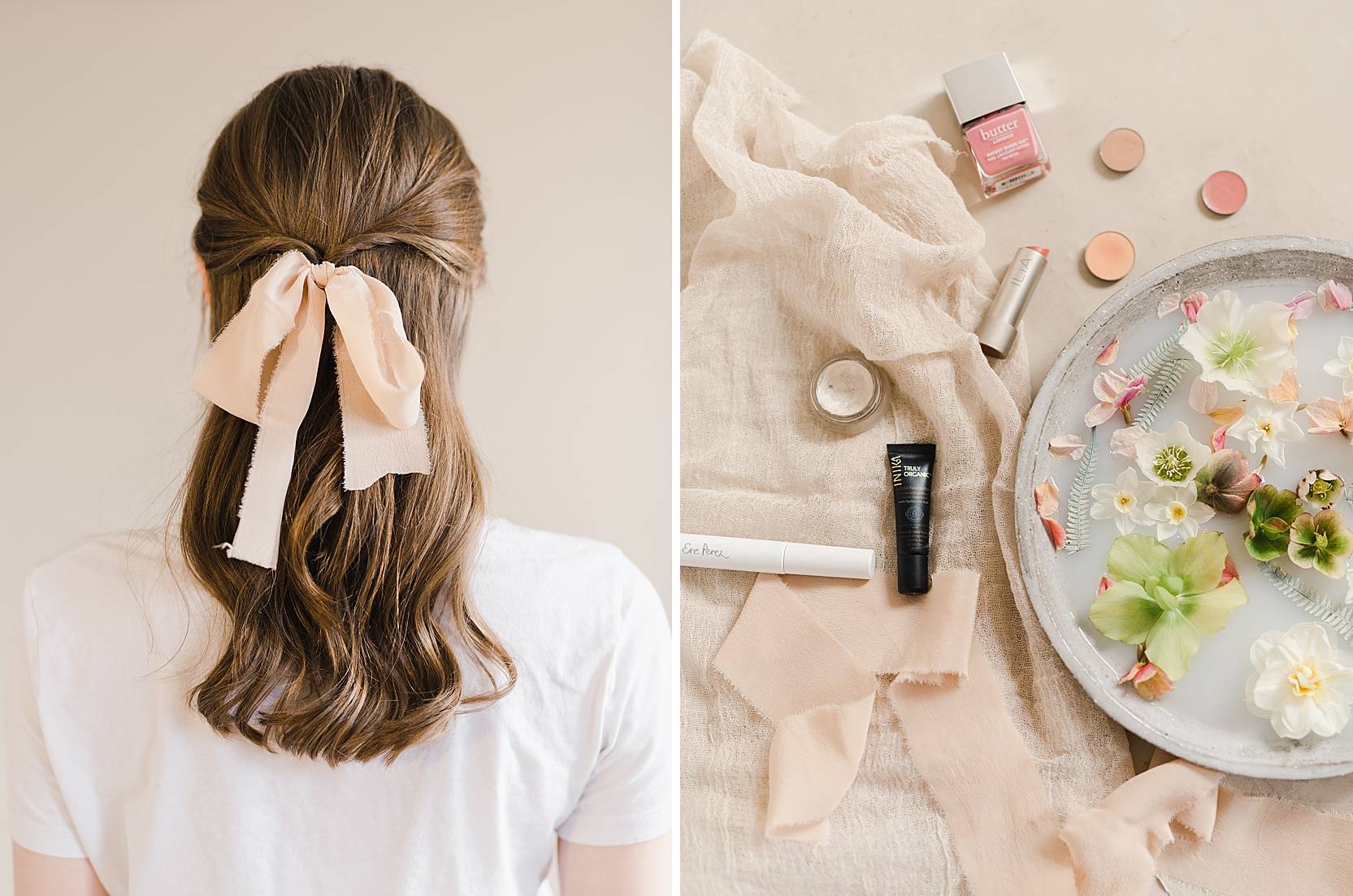 Luxury Wedding Editorial: Bow in Hair and Make-Up on Table