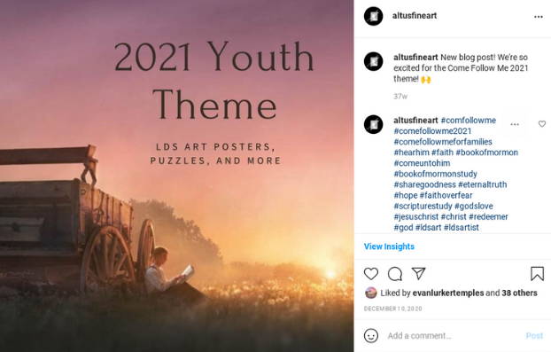 Instagram post featuring a painting of Joseph Smith reading the bible in a field.