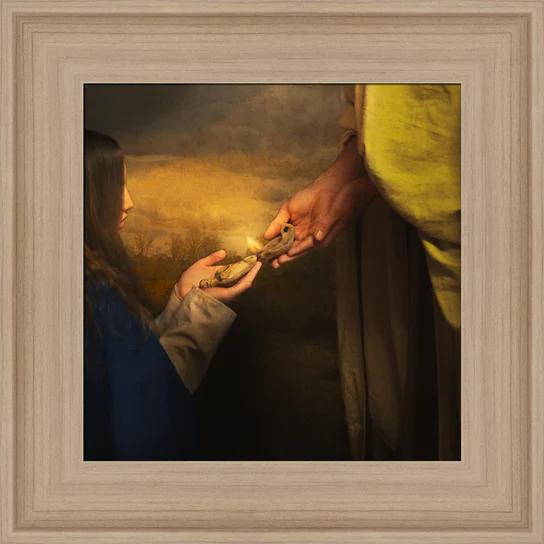 Jesus holding a glowing clay lamp and lighting a young woman's lamp.