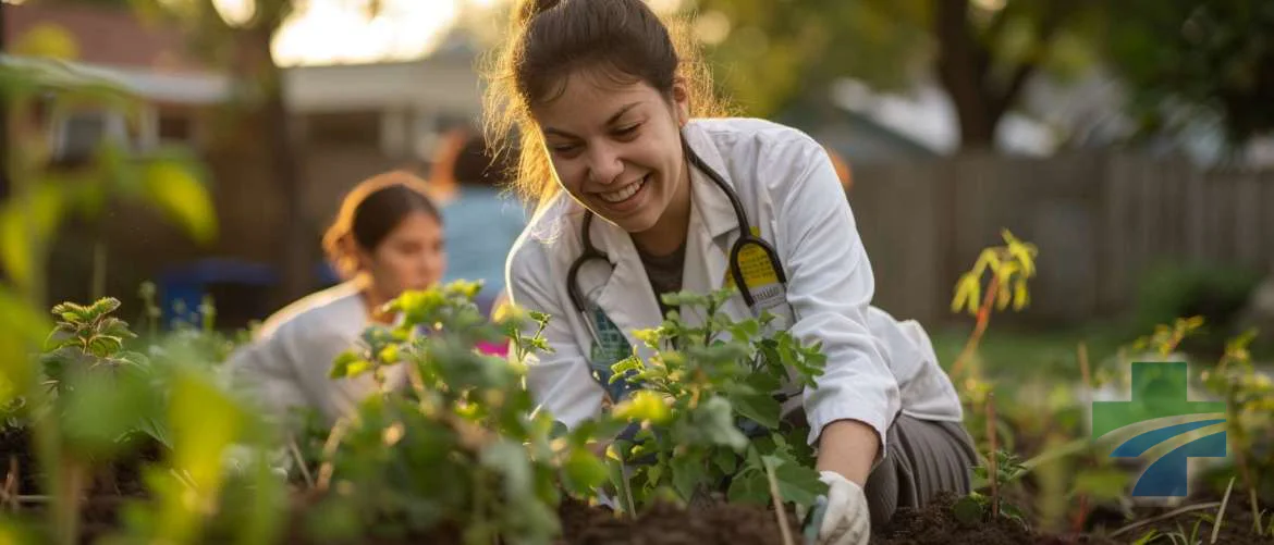 Travel nurse and locals bond over community garden project in warm afternoon light.
