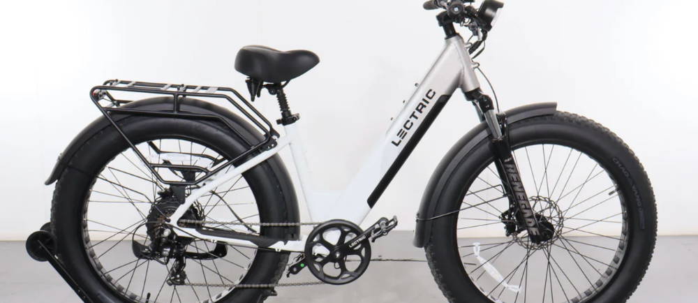 a white Lectric XPeak electric fat tire bike