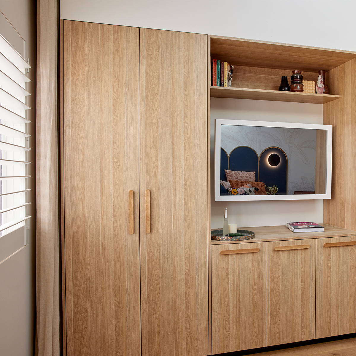 TV-Mirror Modern Matte White Frame by FRAMING TO A T - A square white frame on a TV-Mirror inset into oak cabinetry