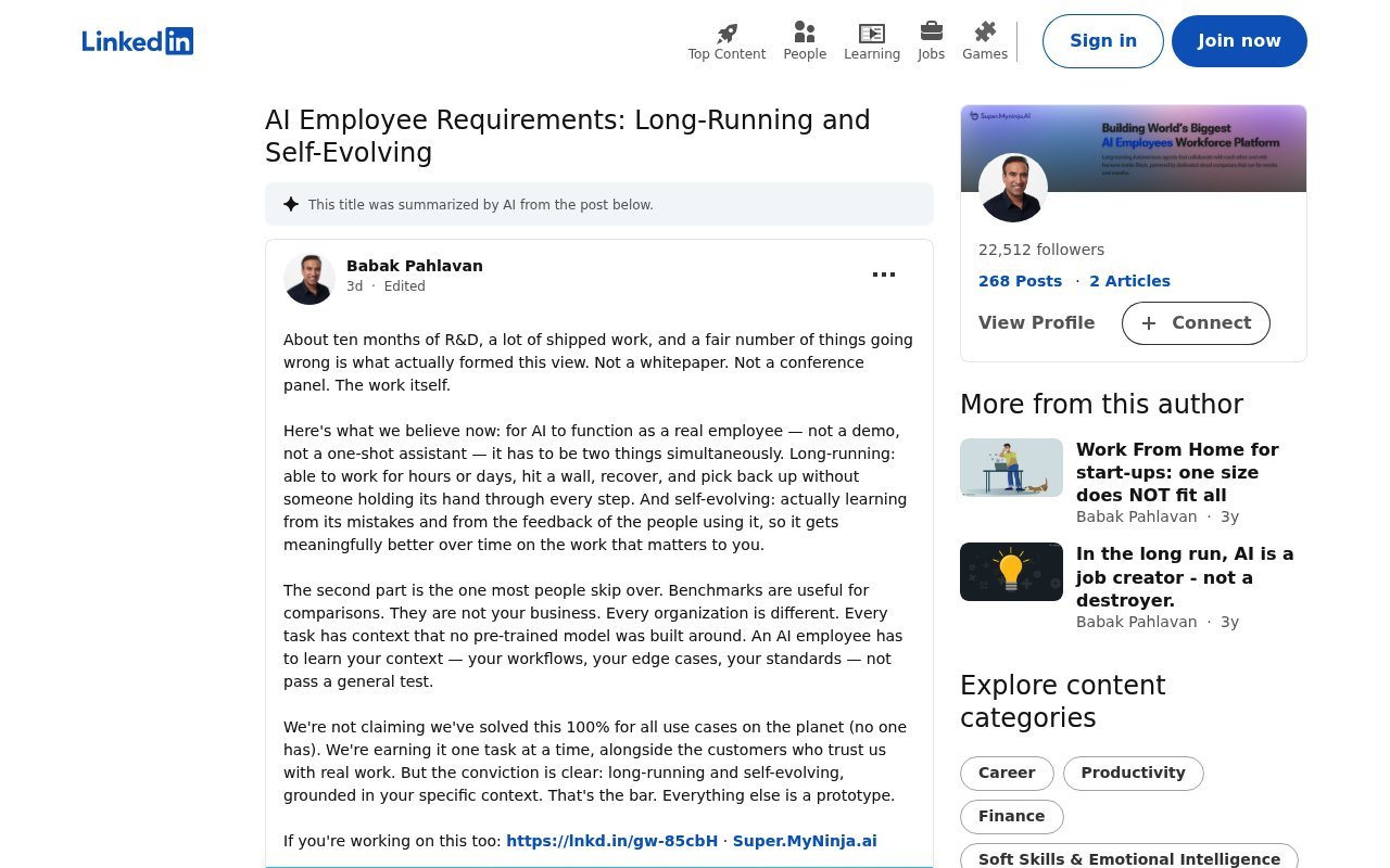 AI Employee Requirements: Long-Running and Self-Evolving