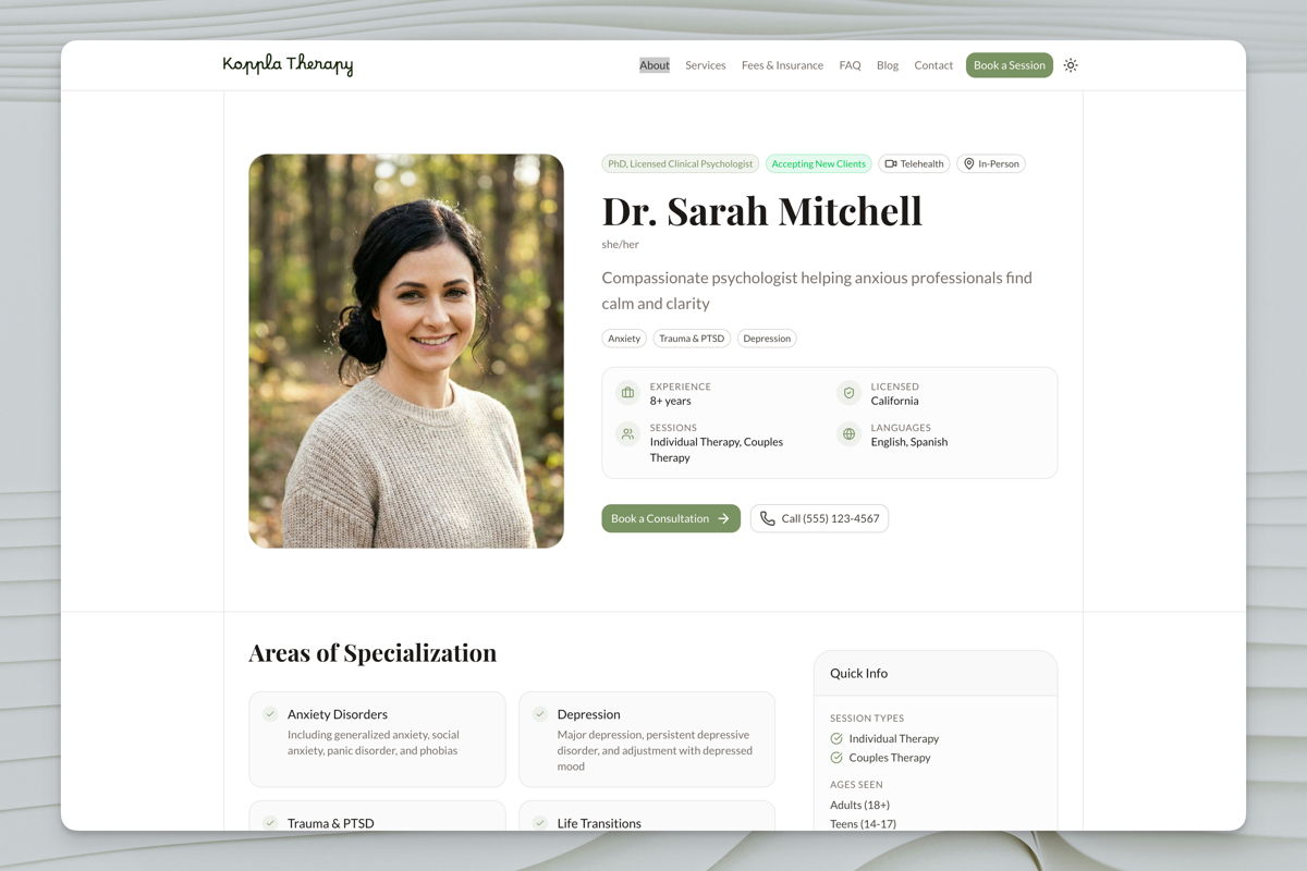 Aurora website template homepage showing a therapist practice website with calming design
