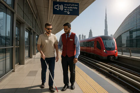 An assistant helps a visually impaired man with a white cane navigate a modern Dubai metro station platform as a red train approaches.