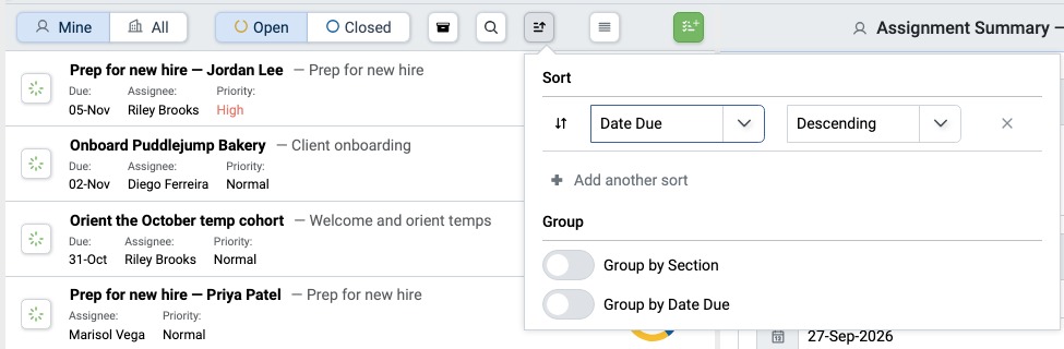 Sort and Group options for the Assignments Inbox