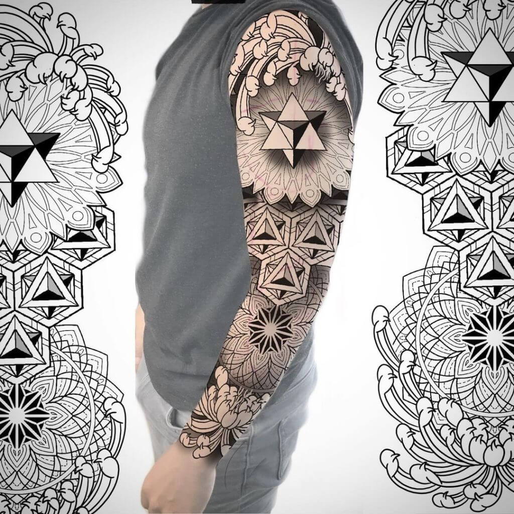 3D body model rendering of full sleeve tattoo with mandalas