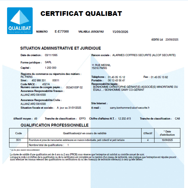 Certificat Qualibat E-E77088 - Alcof Sécurité