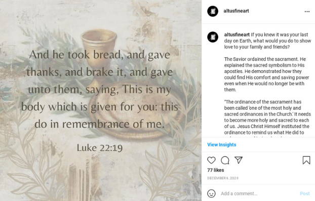 Instagram post featuring Luke 22:19 and a painting of sacramental bread.