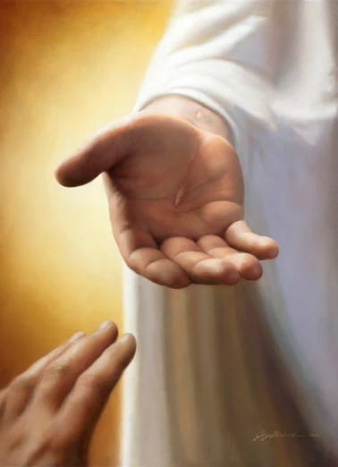 A hand treaching out toward Jesus' scarred hand.