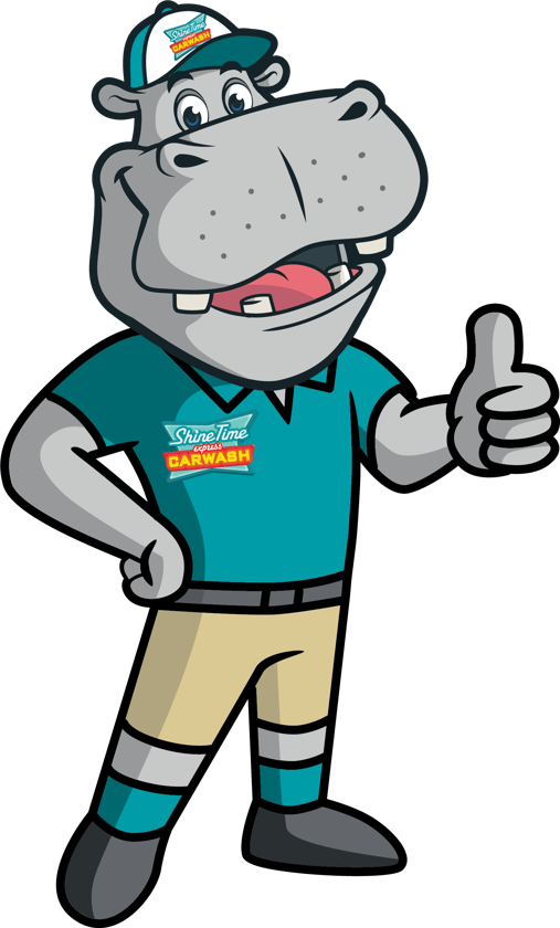 The Shine Time hippo mascot