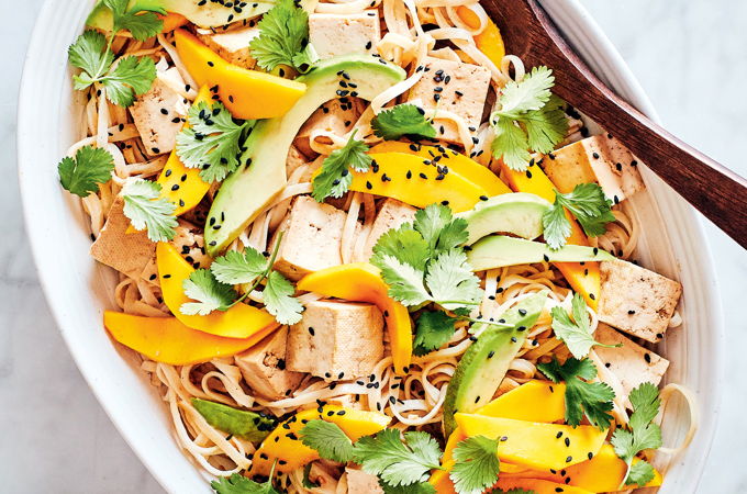 Tahini Rice Noodle Salad with Tofu and Mango