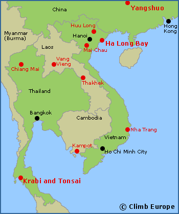 Map of the main rock climbing areas in the Far East