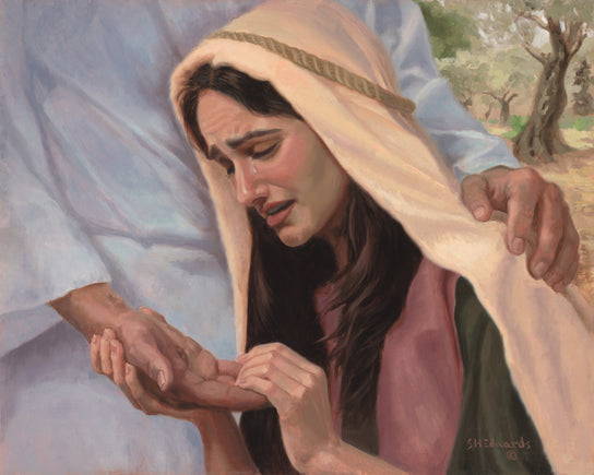 Painting of a woman looking at the sacrs in Jesus' hand and crying.