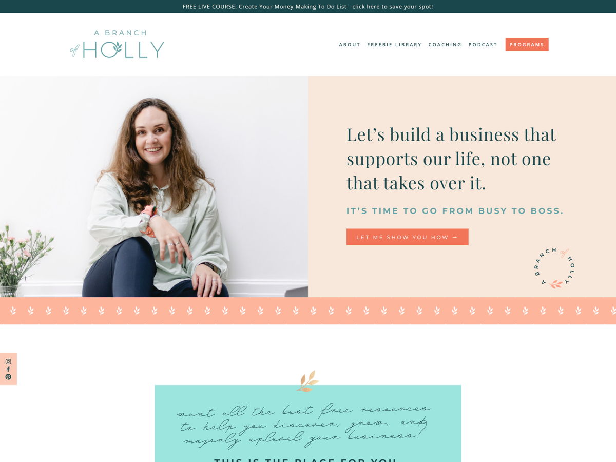 Screenshot of A Branch of Holly, from the squarespace coaching websites collection.