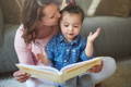 Mother reading a Montessori storybook with toddler during calm bedtime reading routine at home