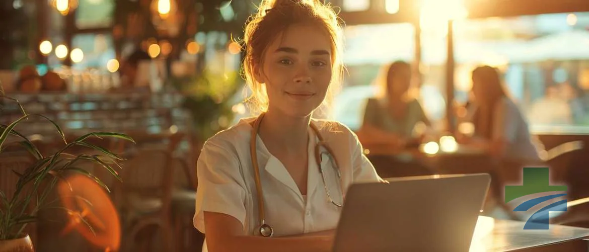 Travel nurse conducting a telehealth session in a cozy coffee shop.