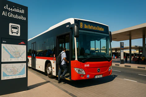 Passenger boarding a red and white Mercedes bus displaying route 8 to Ibn Battuta Station at Al Ghubaiba bus terminal with maps on a sign.
