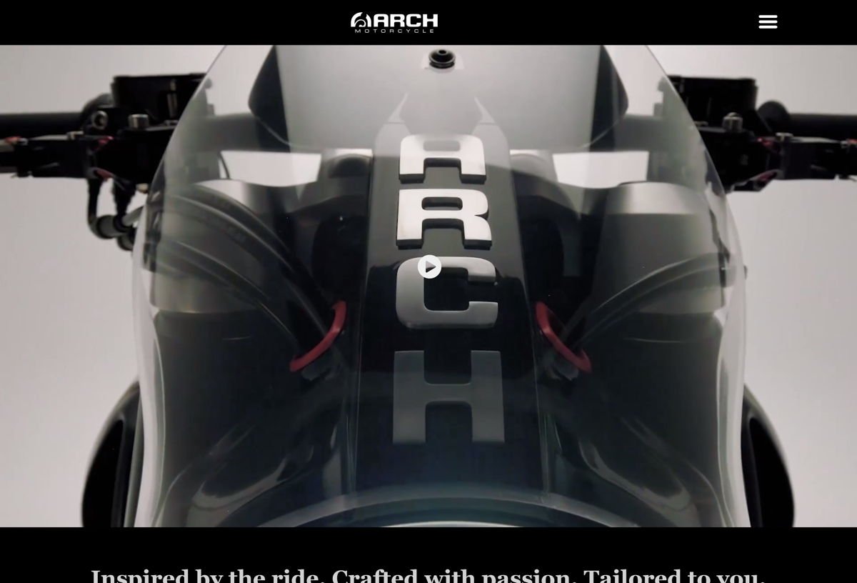 Screenshot of ARCH Motorcycle, from the squarespace websites  collection.