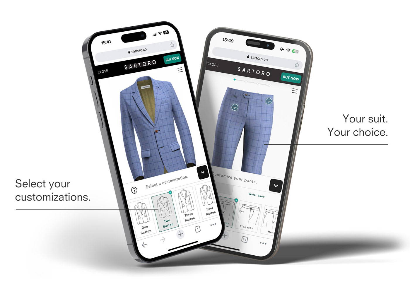 two phones displaying the suit design tool