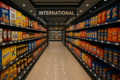 View down a well-stocked supermarket aisle with shelves filled with diverse international grocery products. A large sign reads "INTERNATIONAL" above the aisle.