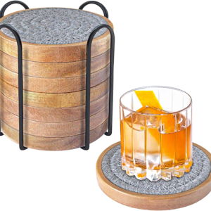 Coasters for Drinks Absorbent Sets of 8, Woven Coasters with Holder, Wood Coasters for Coffee Table, Housewarming Gift for Farmhouse Home Decor, 4 inches Gray