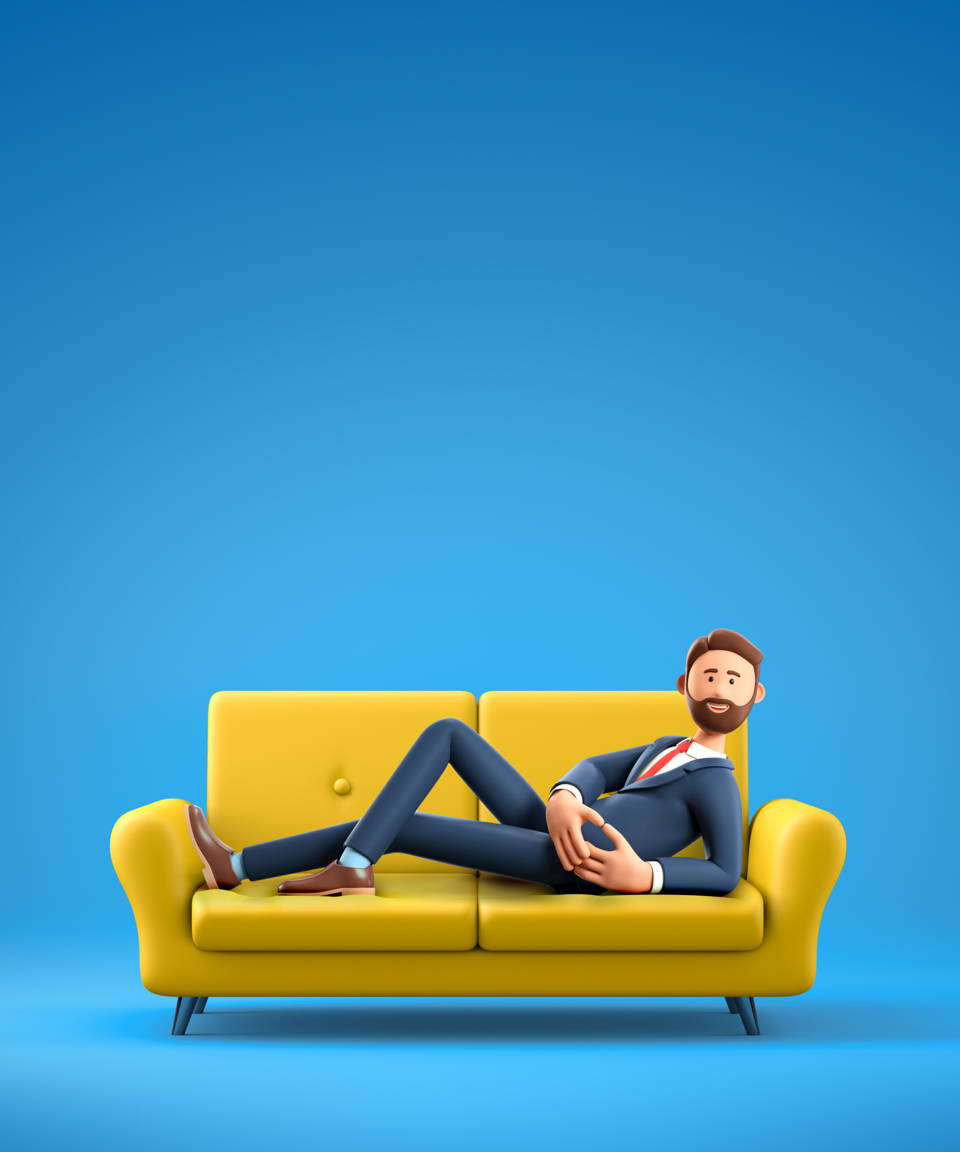 An employee in a suit laying outstretched on a couch for Confetti's Virtual Relaxation Class