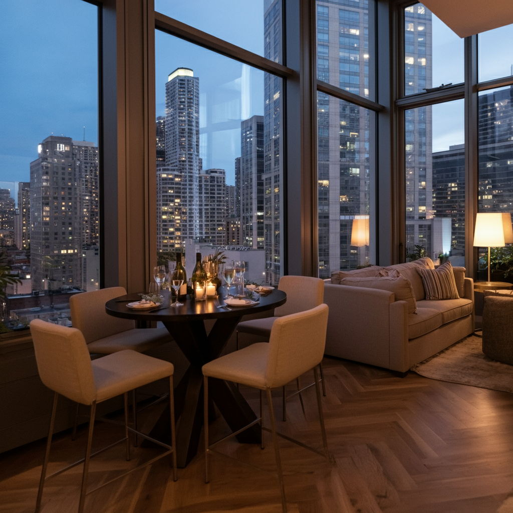Private evening reception in a Streeterville penthouse with panoramic city views, where potential buyers engage with the property in a social context that showcases both the space and lifestyle it offers.