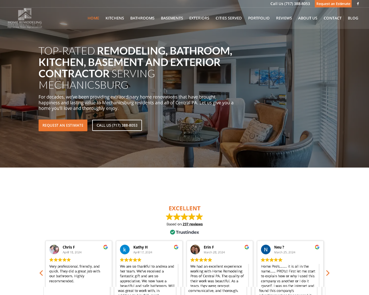 Screenshot of Home Remodeling Pros of Central PA, from the remodeling websites collection.