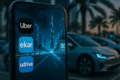 Smartphone displaying Uber, ekar, Udrive app icons. Screen shows futuristic city with skyscrapers like Burj Khalifa, glowing roads, QR code.