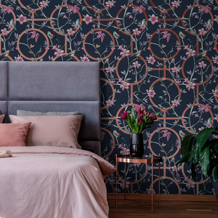 Blue & copper luxury floral geometric wallpaper - Feathr™ Wallpapers