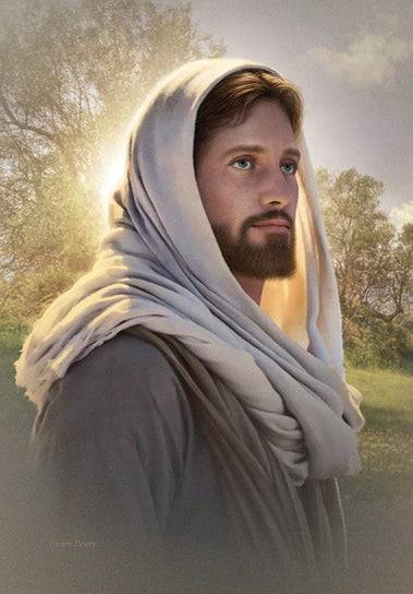 Calm portrait of Jesus. He has a calm smile and the sun shines out from the trees behind Him.