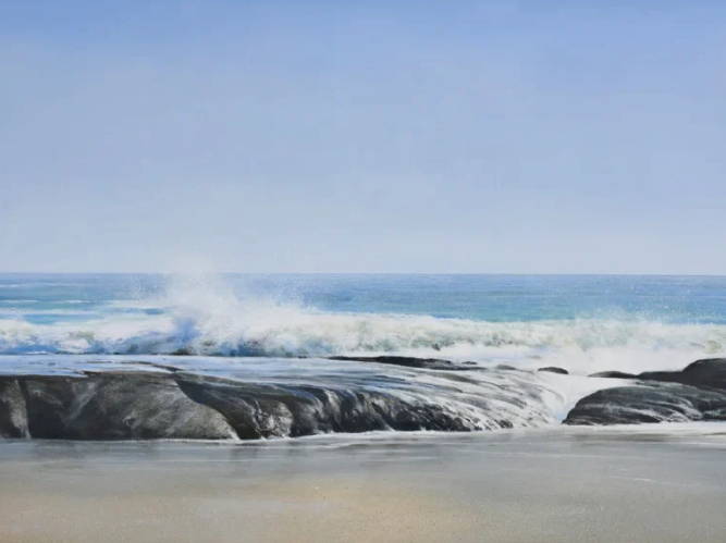 Painting of beach with a jetty