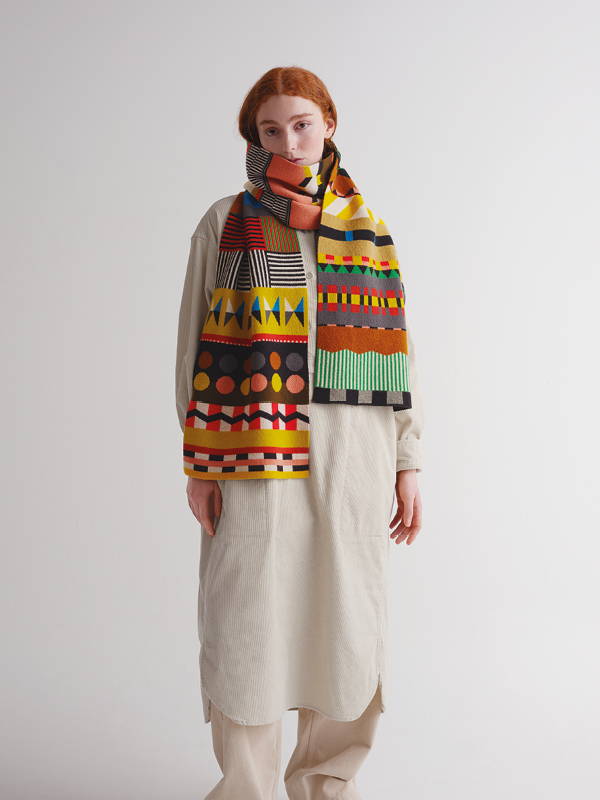 model wears  Large Geometric Scarf Multicolour