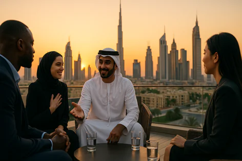 Diverse business professionals meeting outdoors with a stunning sunset view of the Dubai city skyline and Burj Khalifa.